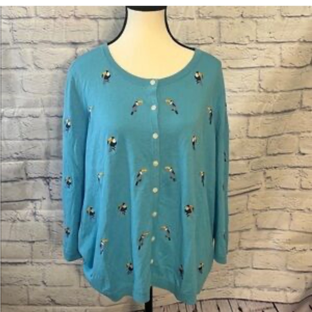 Talbots aqua Blue cotton Cardigan with Toucan Bird Embroidery size XL